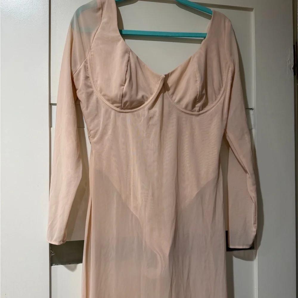 House of CB Pale Pink Sheer Long Sleeve Maxi Dress